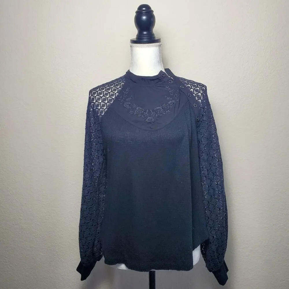 Free People Sweetest Thing Black Lace Blouse Small